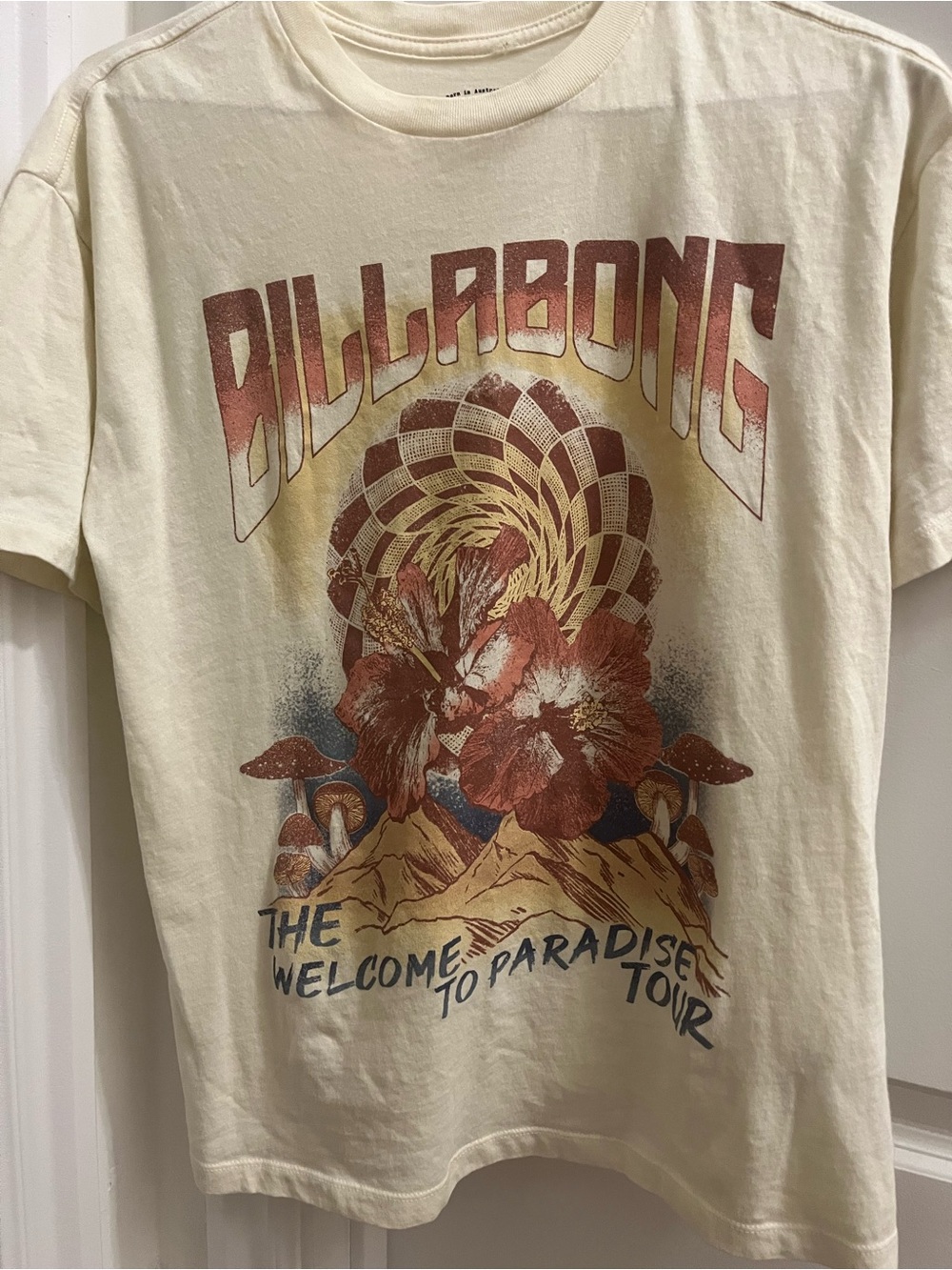 Billabong Cream Tee with Red Floral and Blue Accents